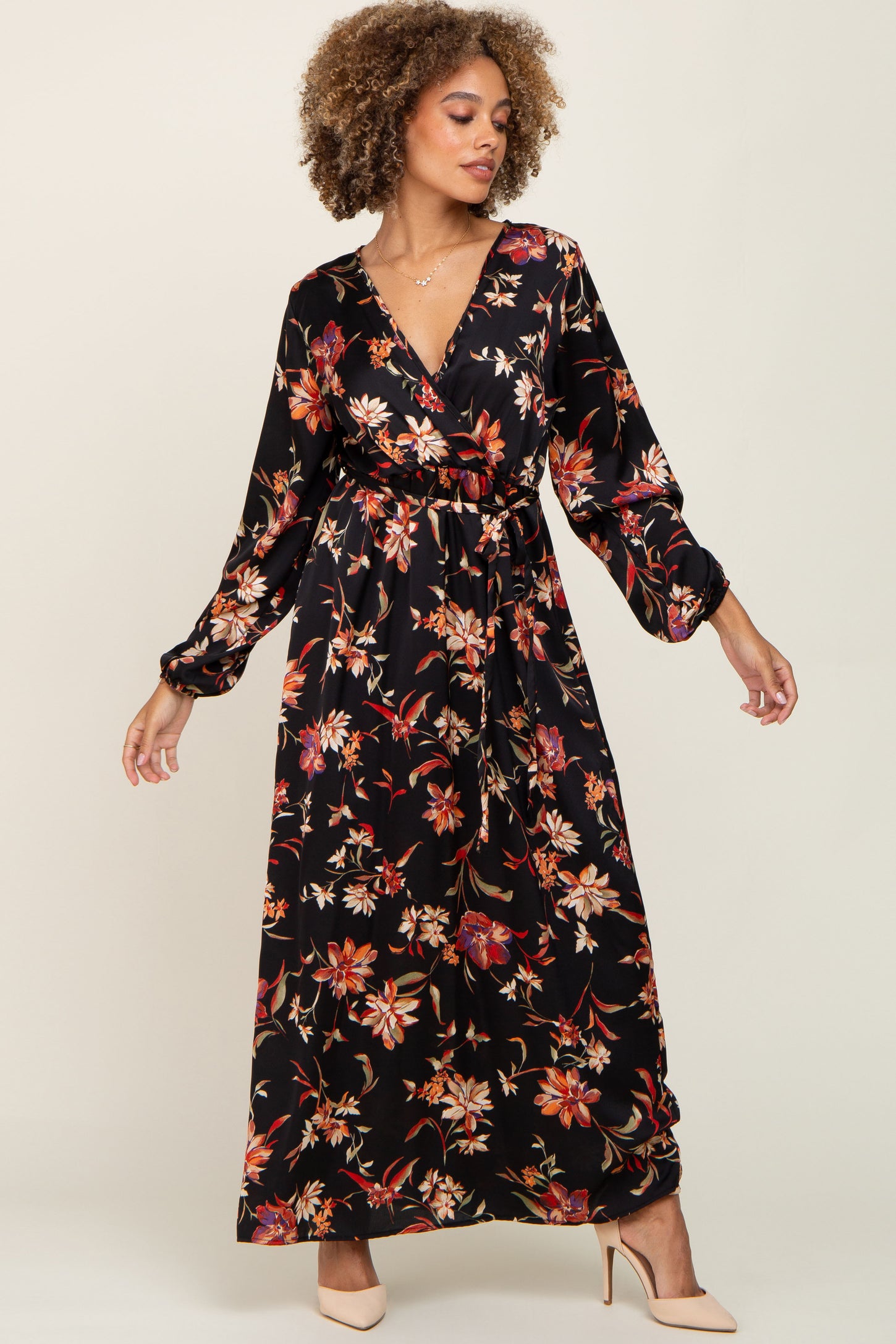 Black Floral Wrap Maternity Maxi Dress