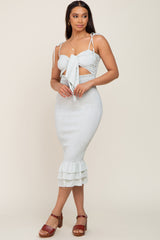 Mint Green Floral Knot Front Smocked Maternity Midi Dress