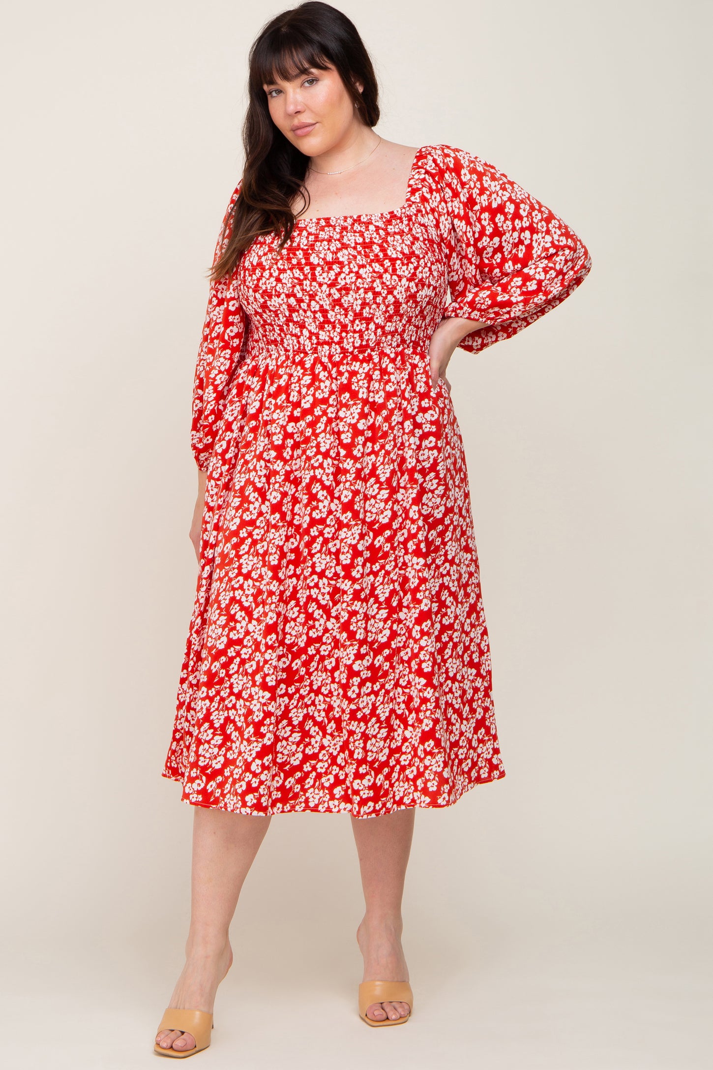 Red Floral Square Neck Smocked Short Sleeve Maternity Plus Midi Dress