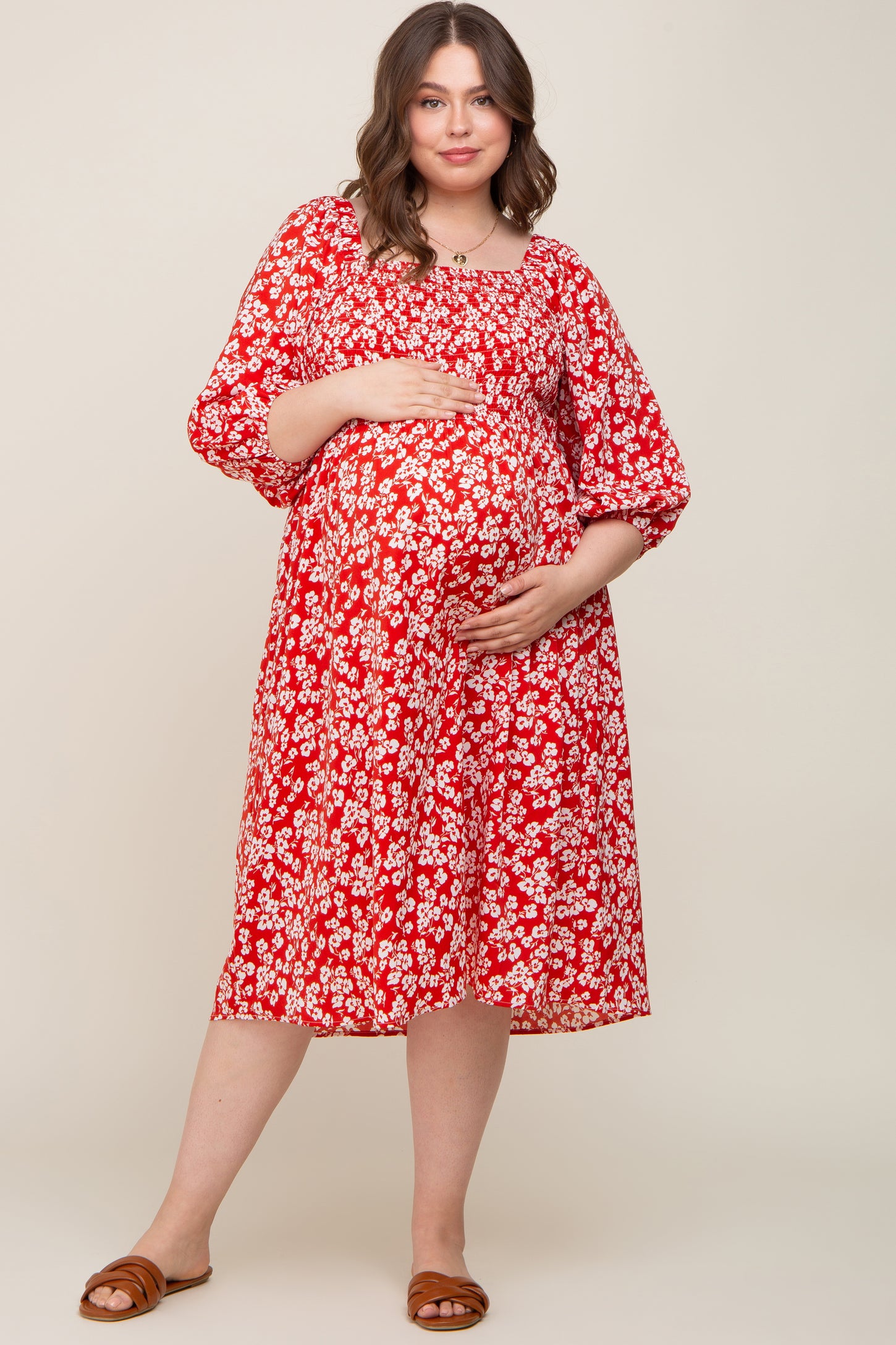 Red Floral Square Neck Smocked Short Sleeve Maternity Plus Midi Dress