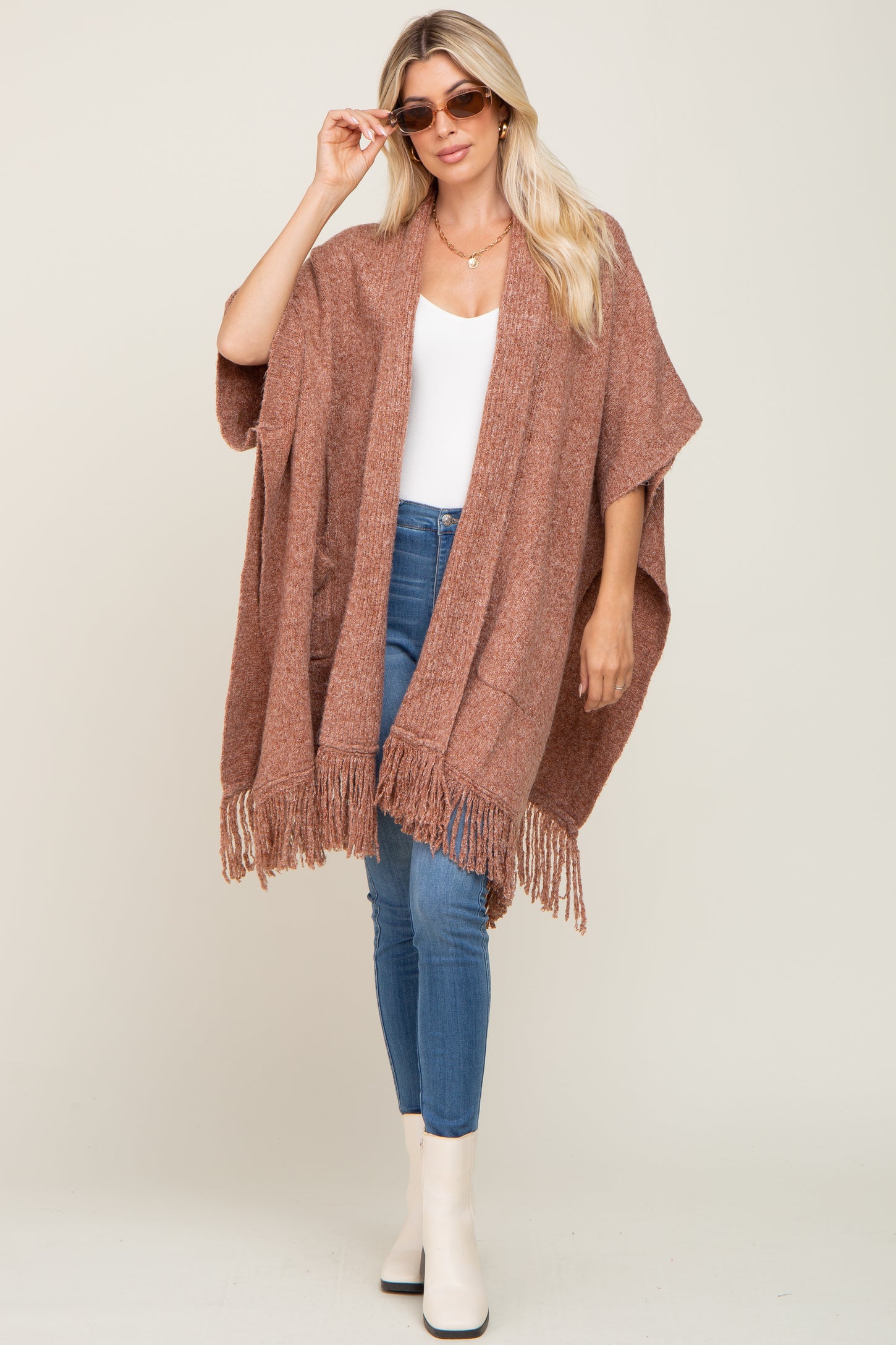 Rust Oversized Fringe Maternity Shawl Cardigan