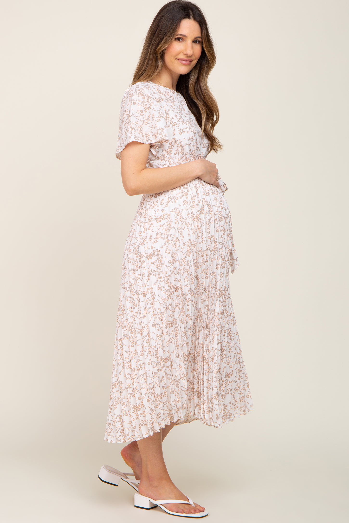 Ivory Floral Pleated Maternity Midi Dress