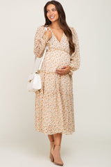 Cream Floral Ruffle Tiered Maternity Midi Dress