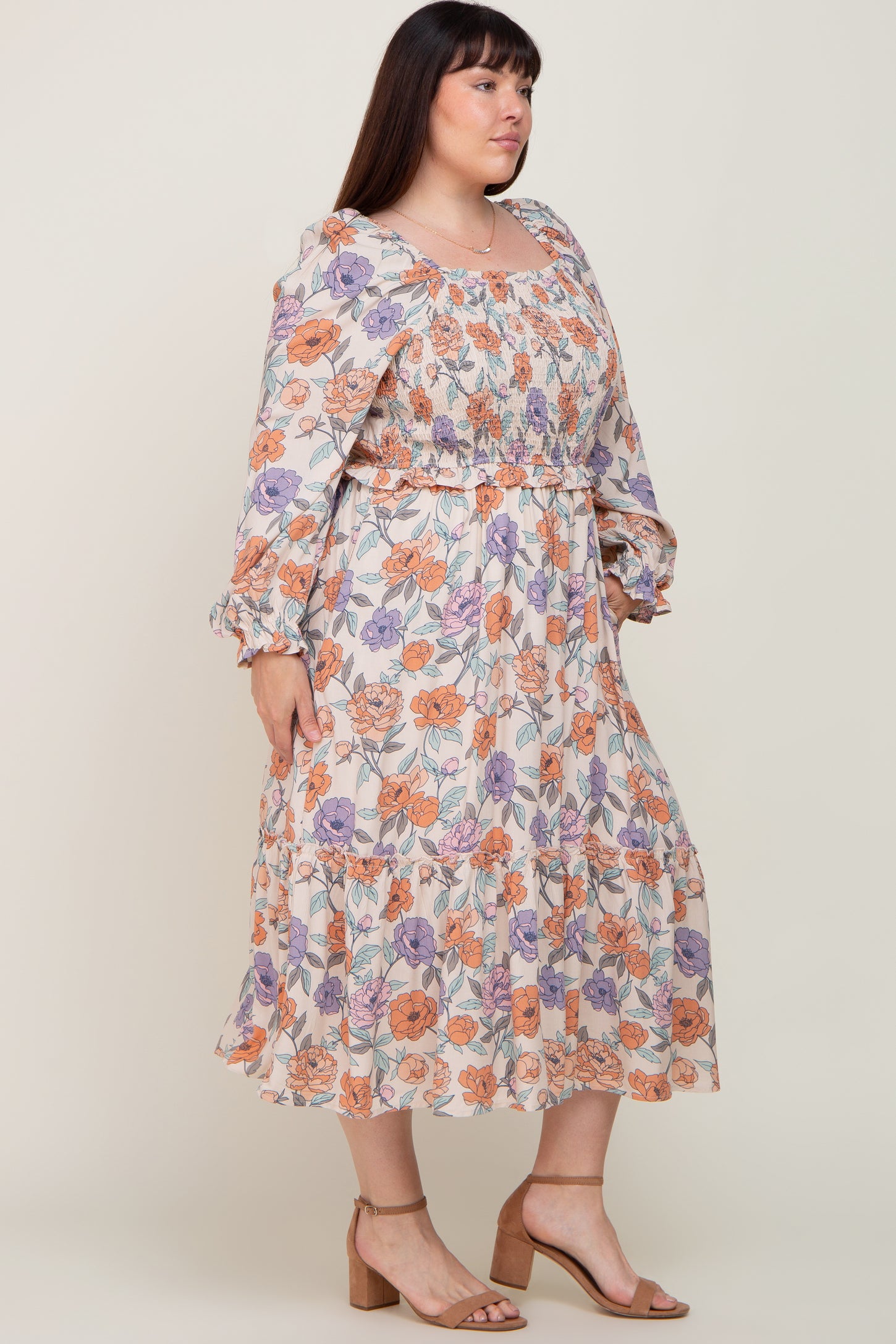 Taupe Multi-Color Floral Plus Midi Dress