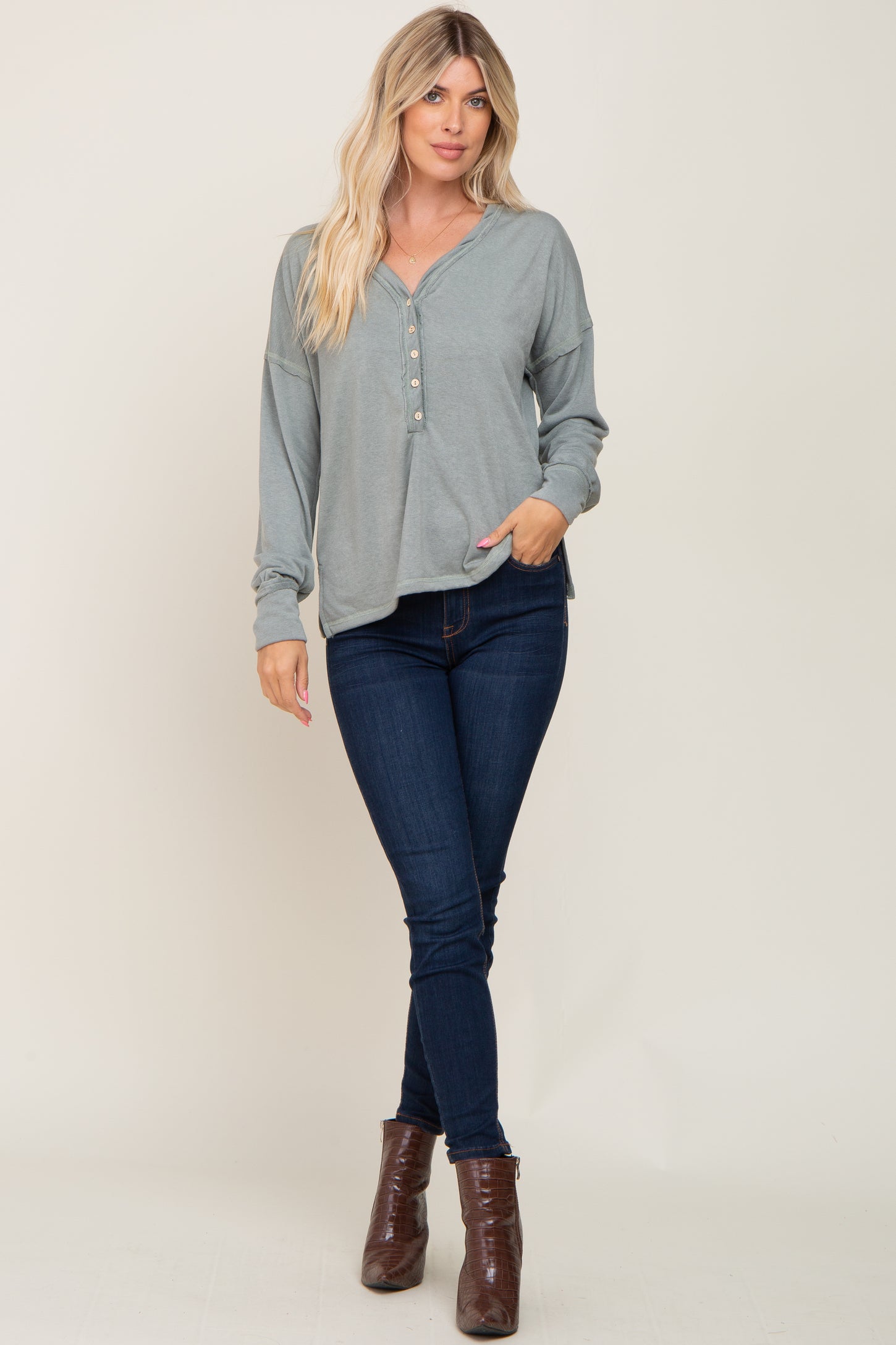Sage Button Front Terry Long Sleeve Top