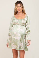 Light Olive Floral Satin Ruched Top Maternity Dress