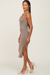 Taupe Knit Fitted Midi Dress