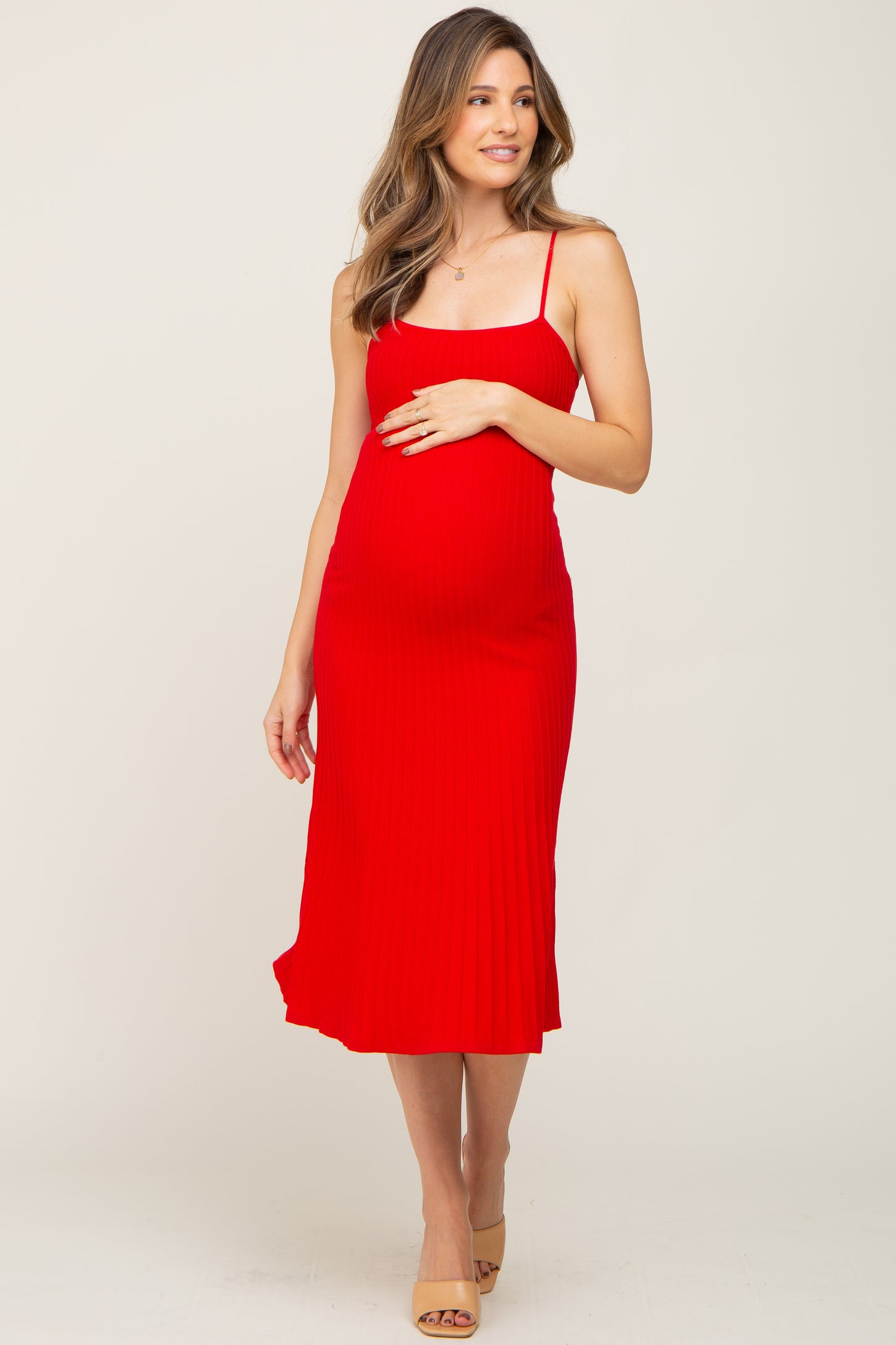 Red Ribbed A-Line Maternity Midi Dress