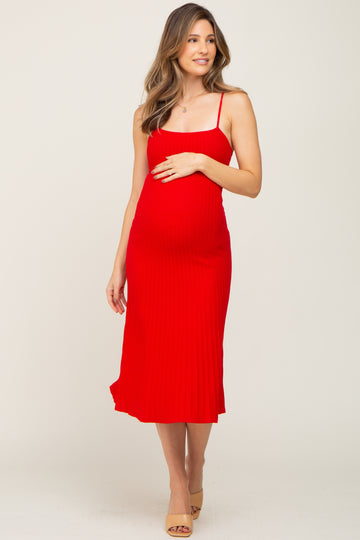 Red Ribbed A-Line Maternity Midi Dress