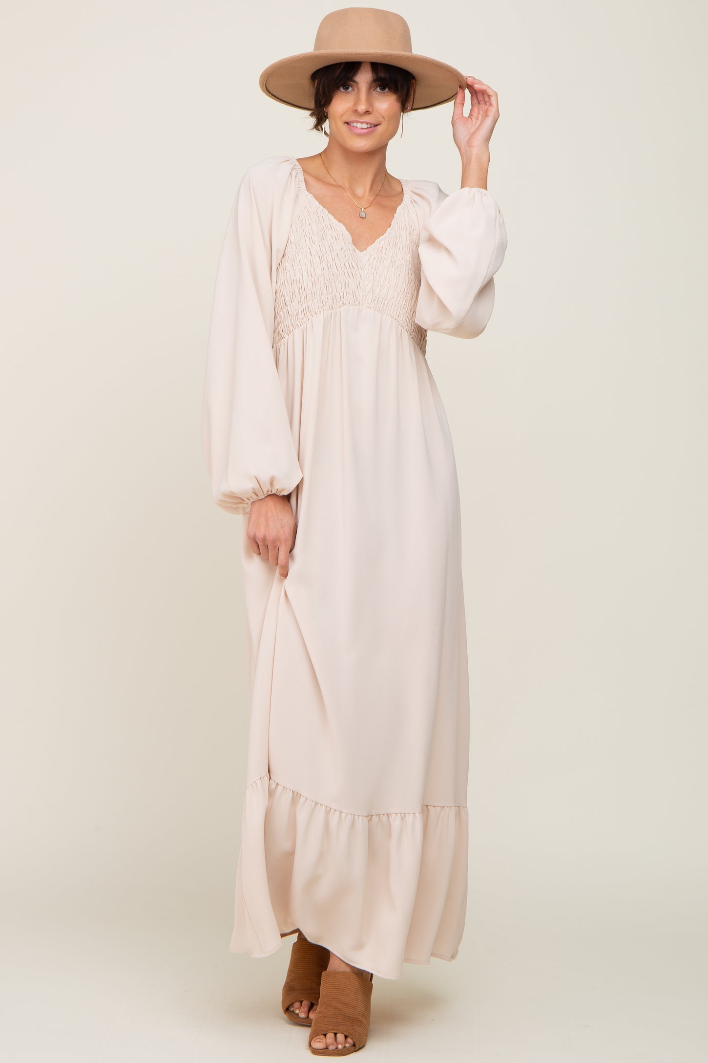 Ivory Smocked Balloon Sleeve Maxi Dress
