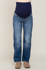 Navy Blue Raw Hem Straight Maternity Jeans