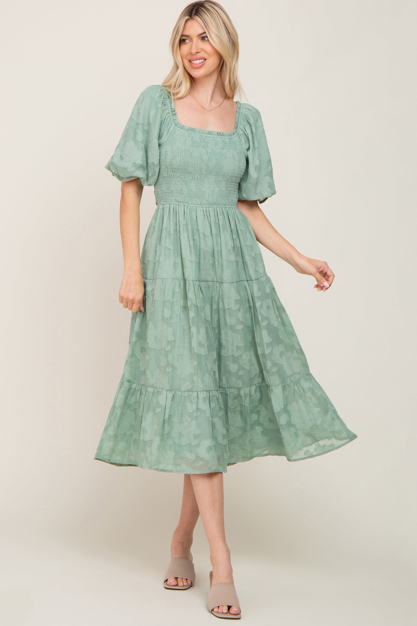 Sage Floral Textured Tiered Midi Dress PinkBlush Sage Floral Textured Tiered Midi Dress PinkBlush