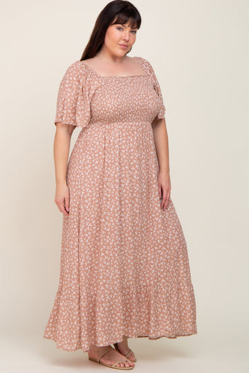 Taupe Floral Smocked Flounce Sleeve Plus Maxi Dress