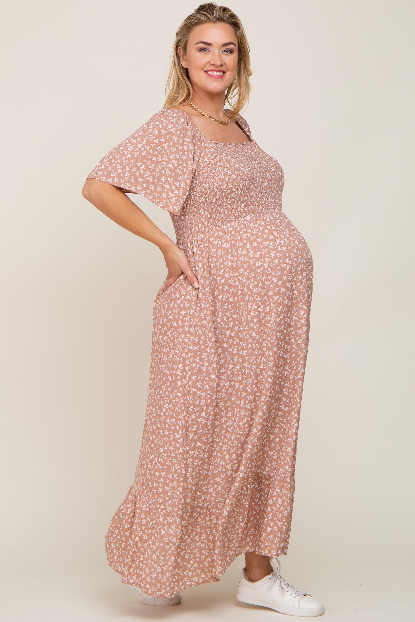 Taupe Floral Smocked Flounce Sleeve Maternity Plus Maxi Dress