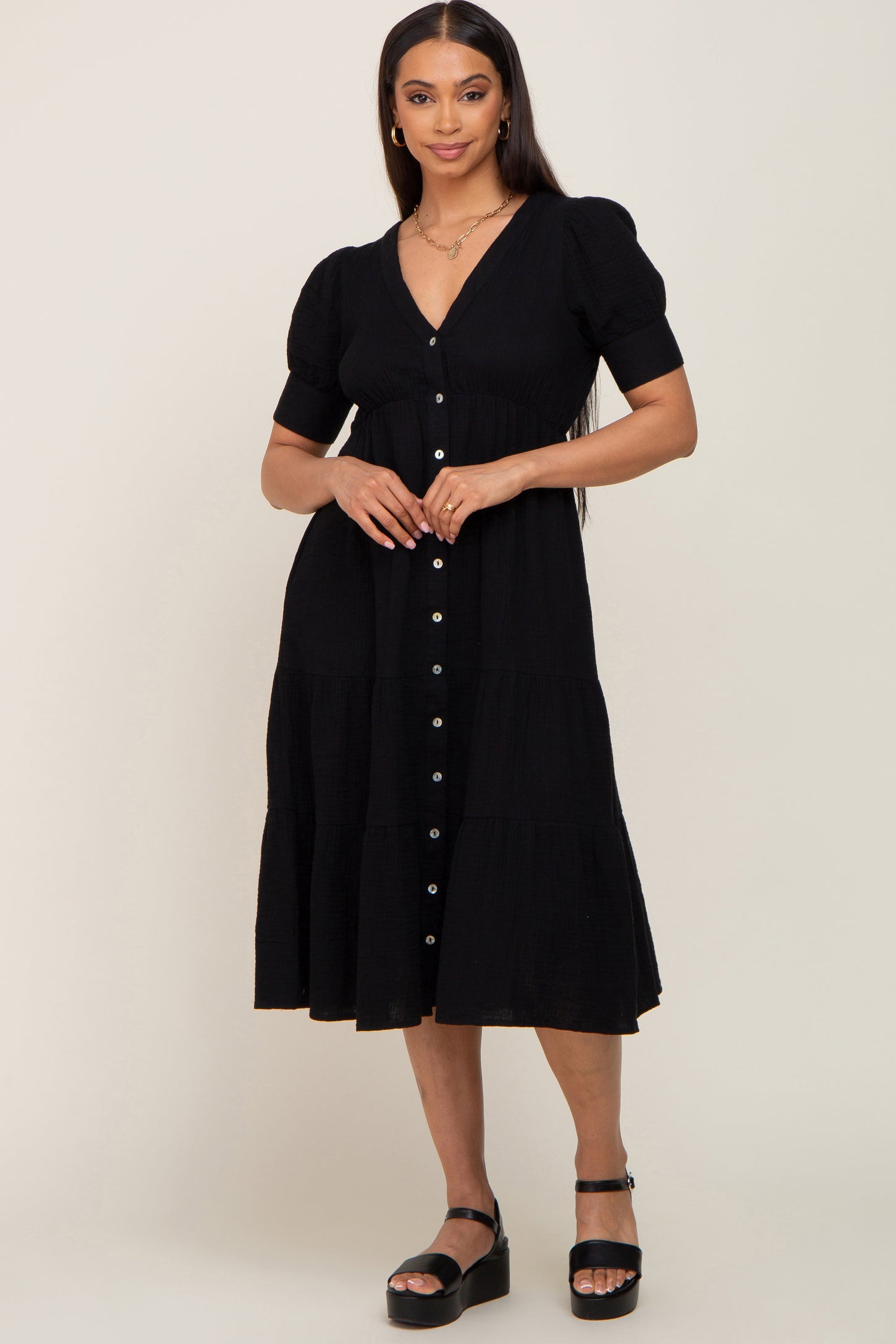 Black Button Down Short Sleeve Maternity Dress