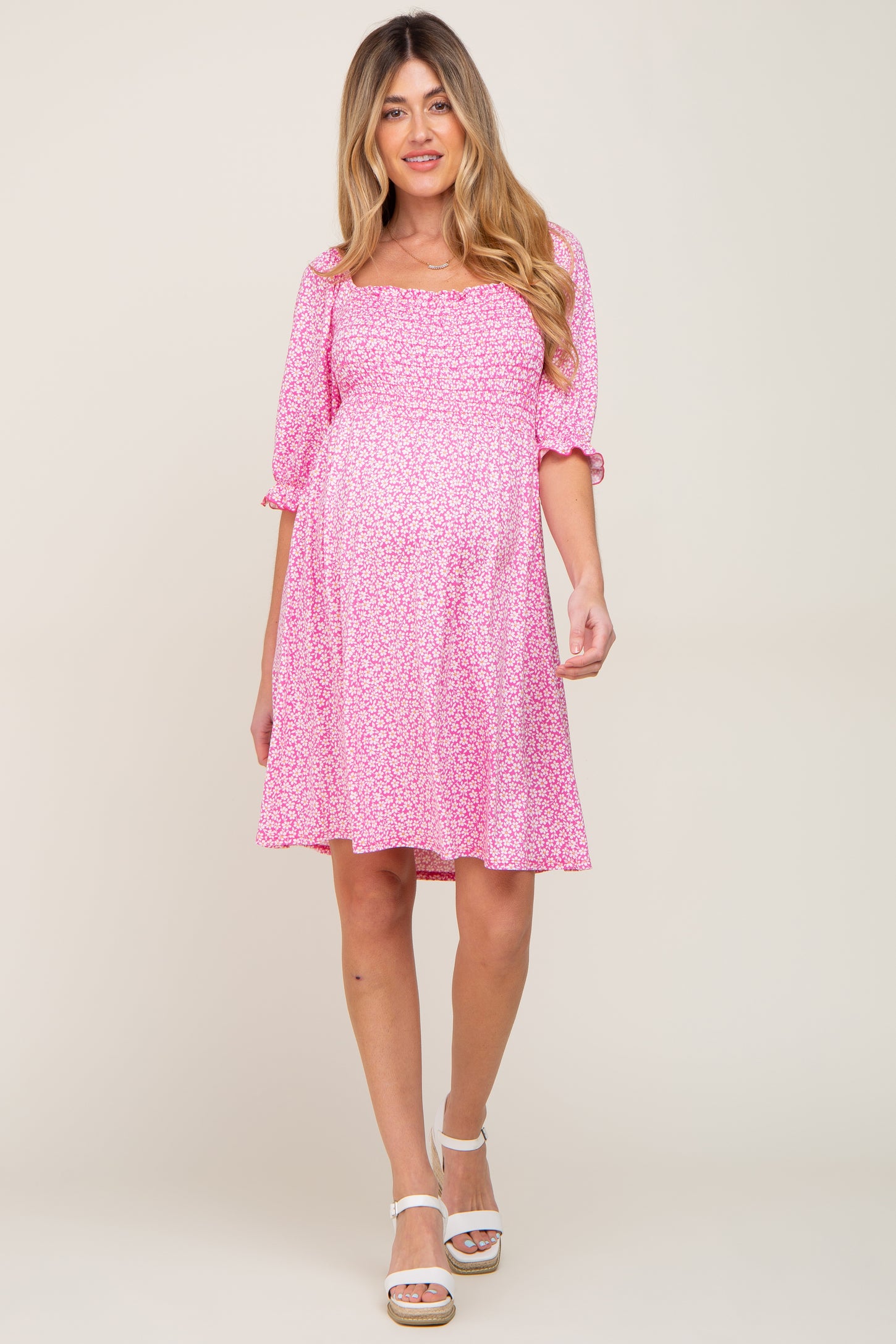 Pink Floral Smocked Square Neck Maternity Dress