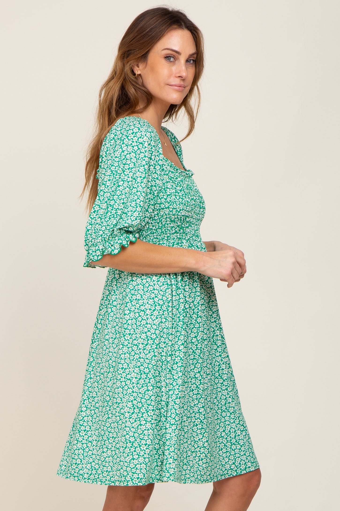 Green Floral Smocked Square Neck Dress