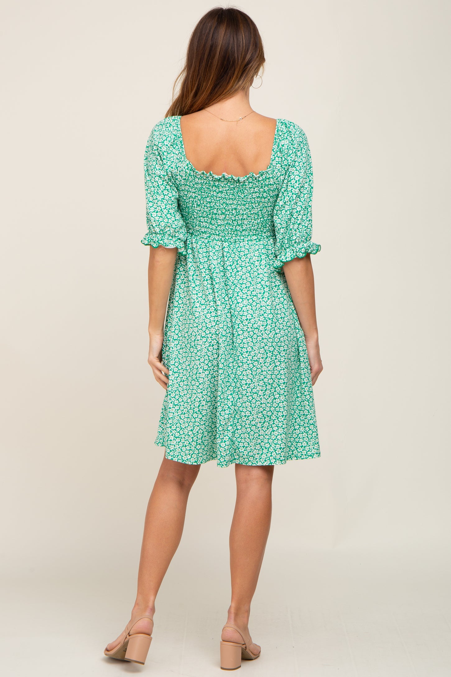Green Floral Smocked Square Neck Dress