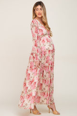 Ivory Floral Chiffon Ruffle Tiered Maternity Maxi Dress