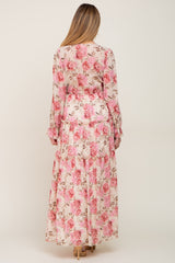 Ivory Floral Chiffon Ruffle Tiered Maternity Maxi Dress