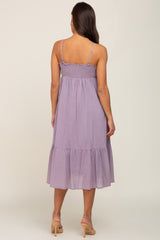 Lavender Smocked Sleeveless Linen Maternity Midi Dress