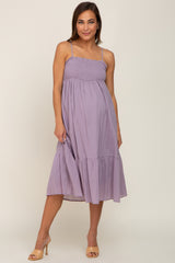Lavender Smocked Sleeveless Linen Maternity Midi Dress