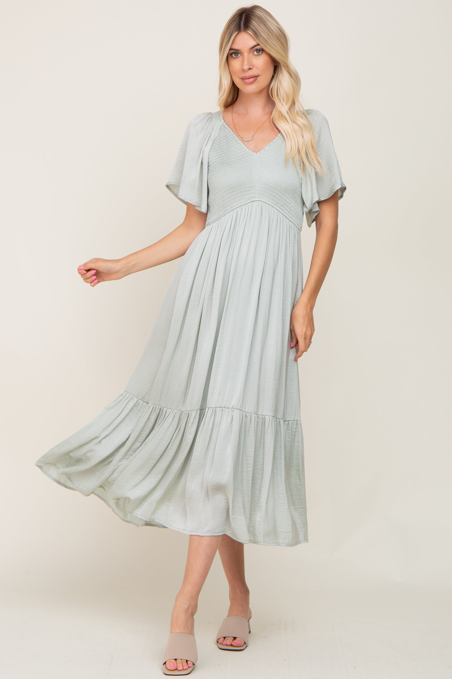 Mint Green Satin Smocked Maternity Midi Dress