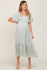Mint Green Satin Smocked Maternity Midi Dress