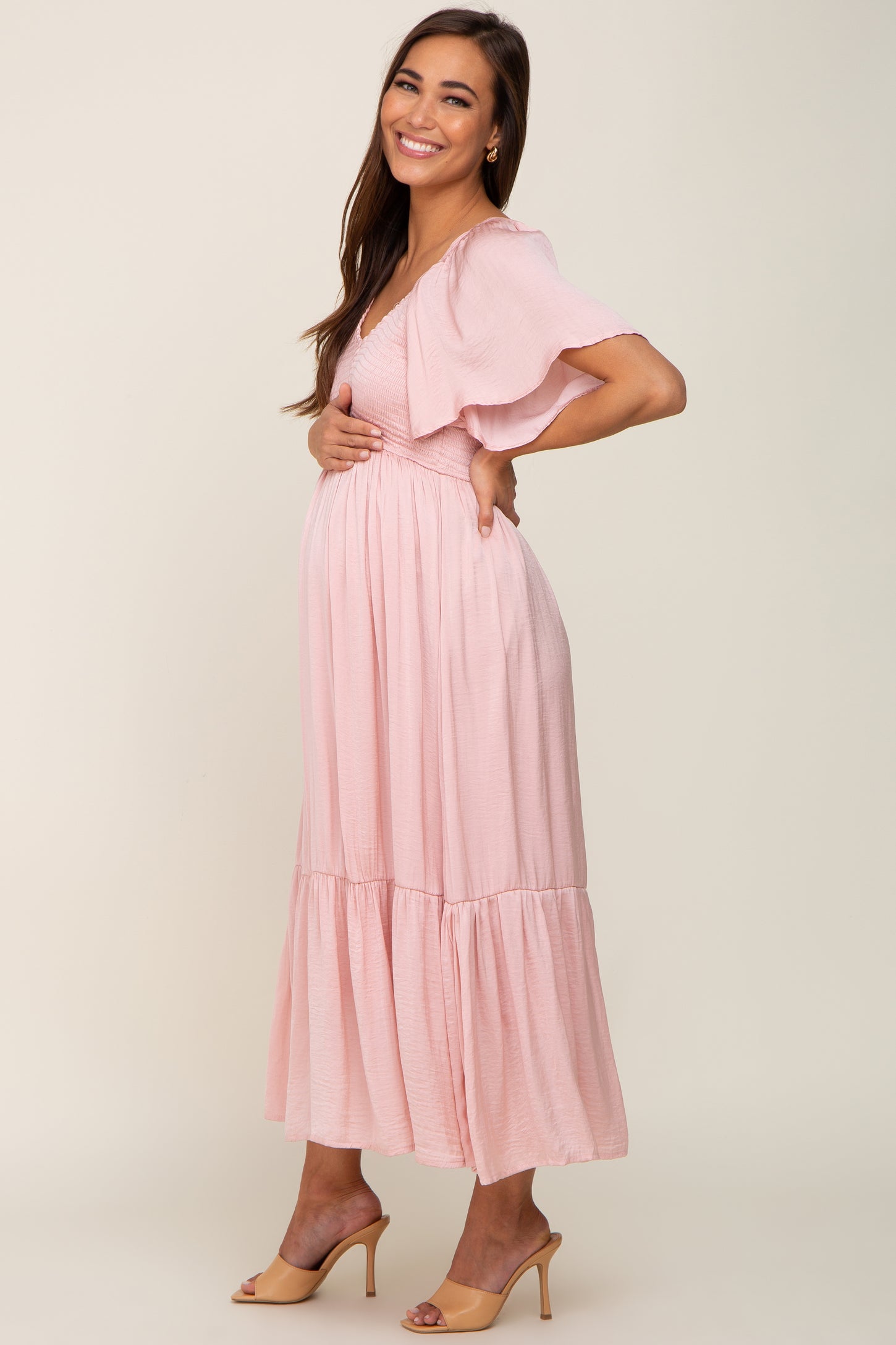 Light Pink Satin Smocked Maternity Midi Dress
