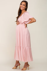 Light Pink Satin Smocked Maternity Midi Dress