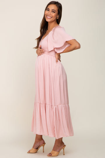 Light Pink Satin Smocked Maternity Midi Dress
