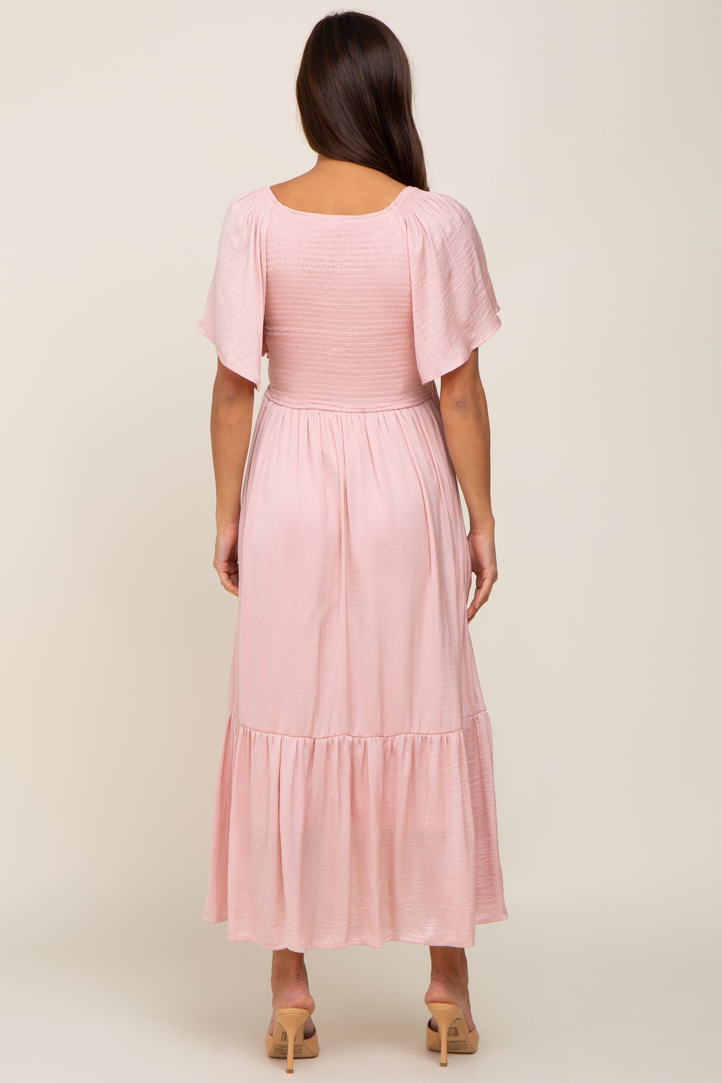 Light Pink Satin Smocked Maternity Midi Dress