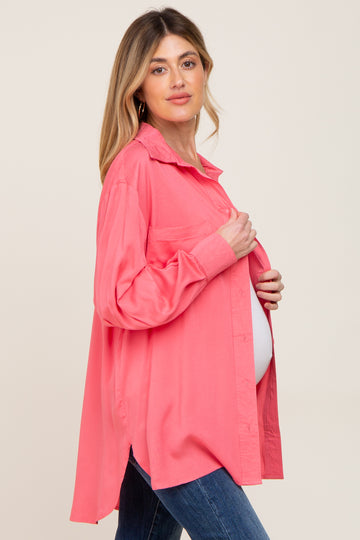 Coral Button Down Collared High-Low Hem Maternity Blouse