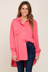 Coral Button Down Collared High-Low Hem Blouse