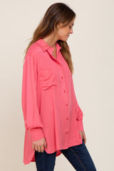 Coral Button Down Collared High-Low Hem Blouse