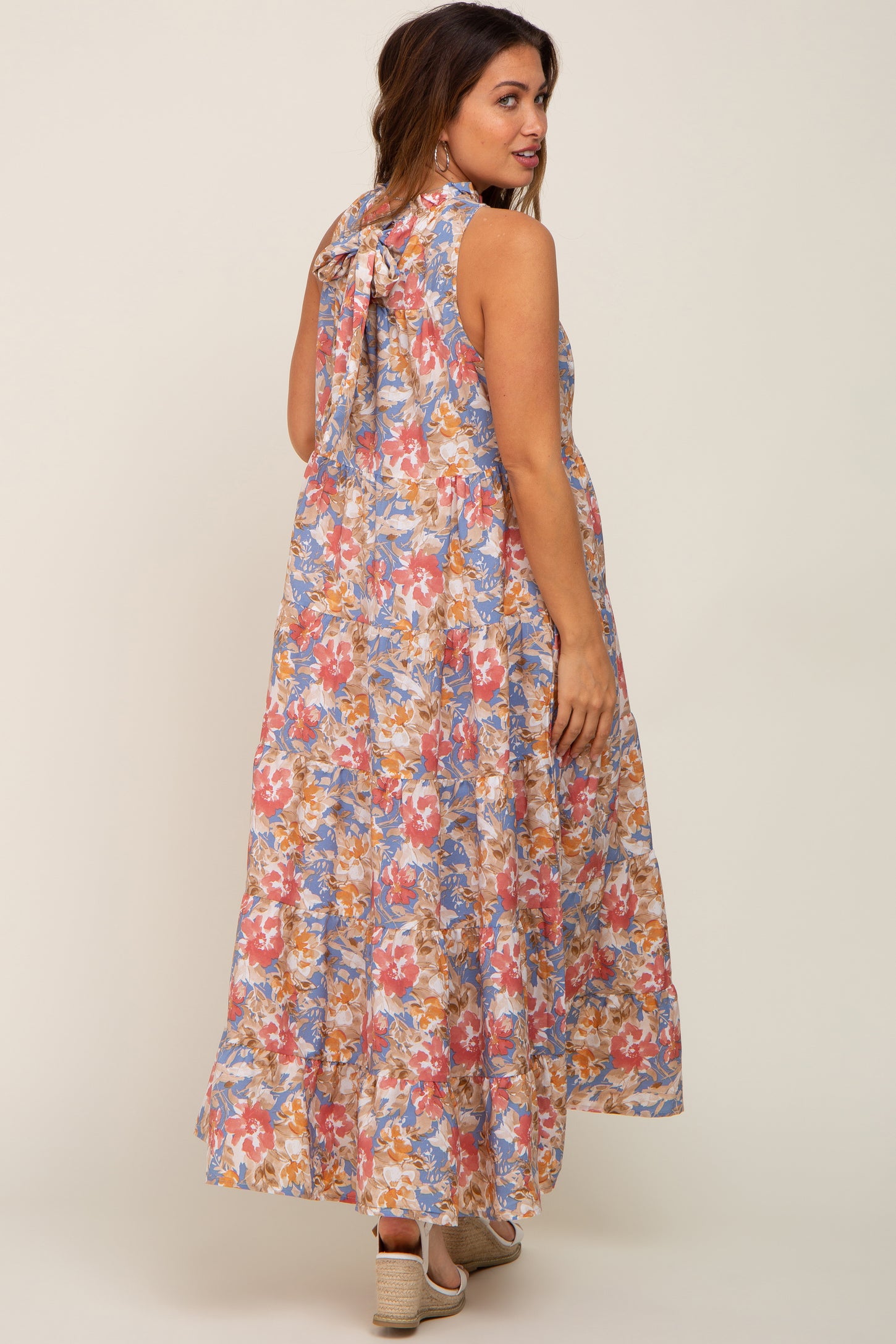 Blue Floral Ruffle Mock Neck Tiered Maternity Maxi Dress