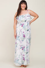 White Floral Sleeveless Ruffle Plus Maxi Dress