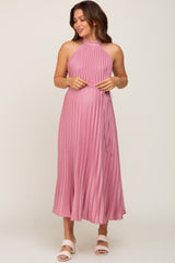 Pink Pleated Maternity Halter Dress