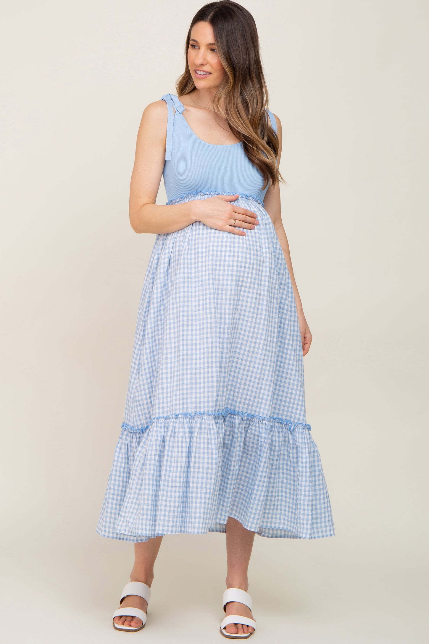 Light Blue Gingham Colorblock Maternity Dress