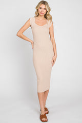 Beige Ribbed Knit Fitted Dress