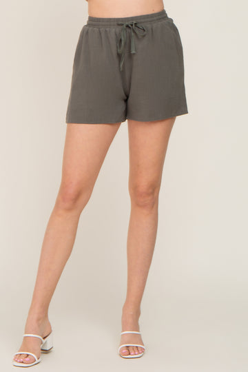 Olive Drawstring Linen Shorts