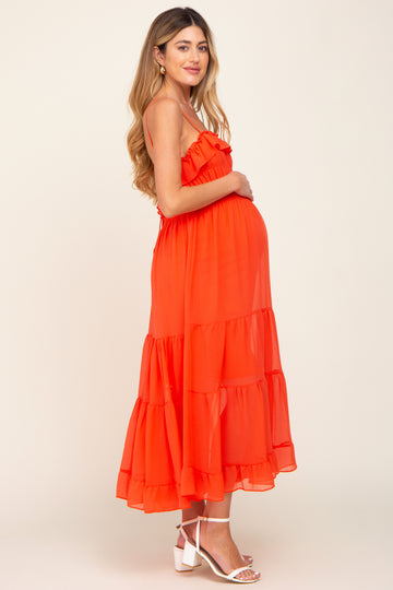 Orange Shirred Ruffle Maternity Midi Dress