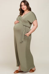 Light Olive Basic Maternity Plus Wrap Maxi Dress