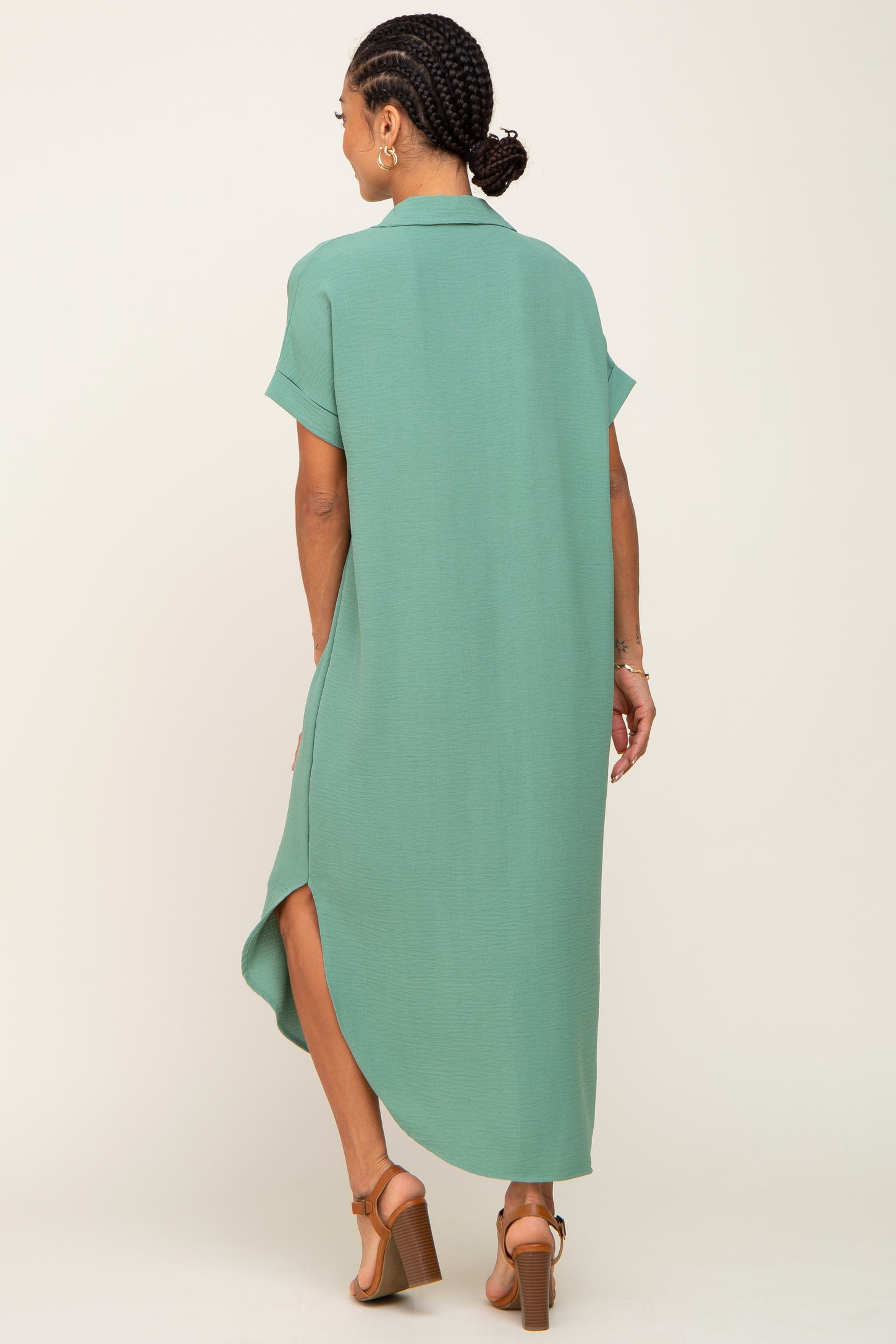 Green Button Down Hi Low Maxi Dress