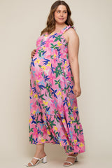 Pink Floral Ruffle Strap Maternity Plus Size Maxi Dress