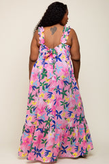 Pink Floral Ruffle Strap Plus Size Maxi Dress