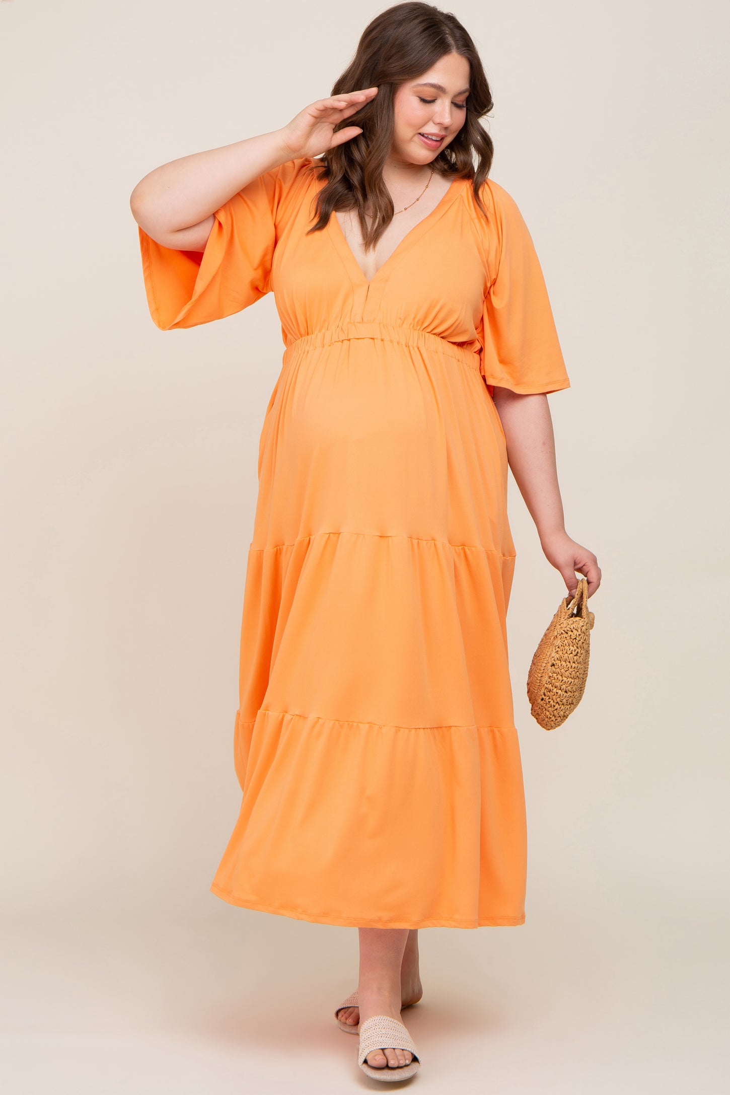 Orange Deep V-Neck Tiered Maternity Plus Maxi Dress PinkBlush Orange Deep V-Neck Tiered Maternity Plus Maxi Dress PinkBlush