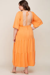 Orange Deep V-Neck Tiered Maternity Plus Maxi Dress
