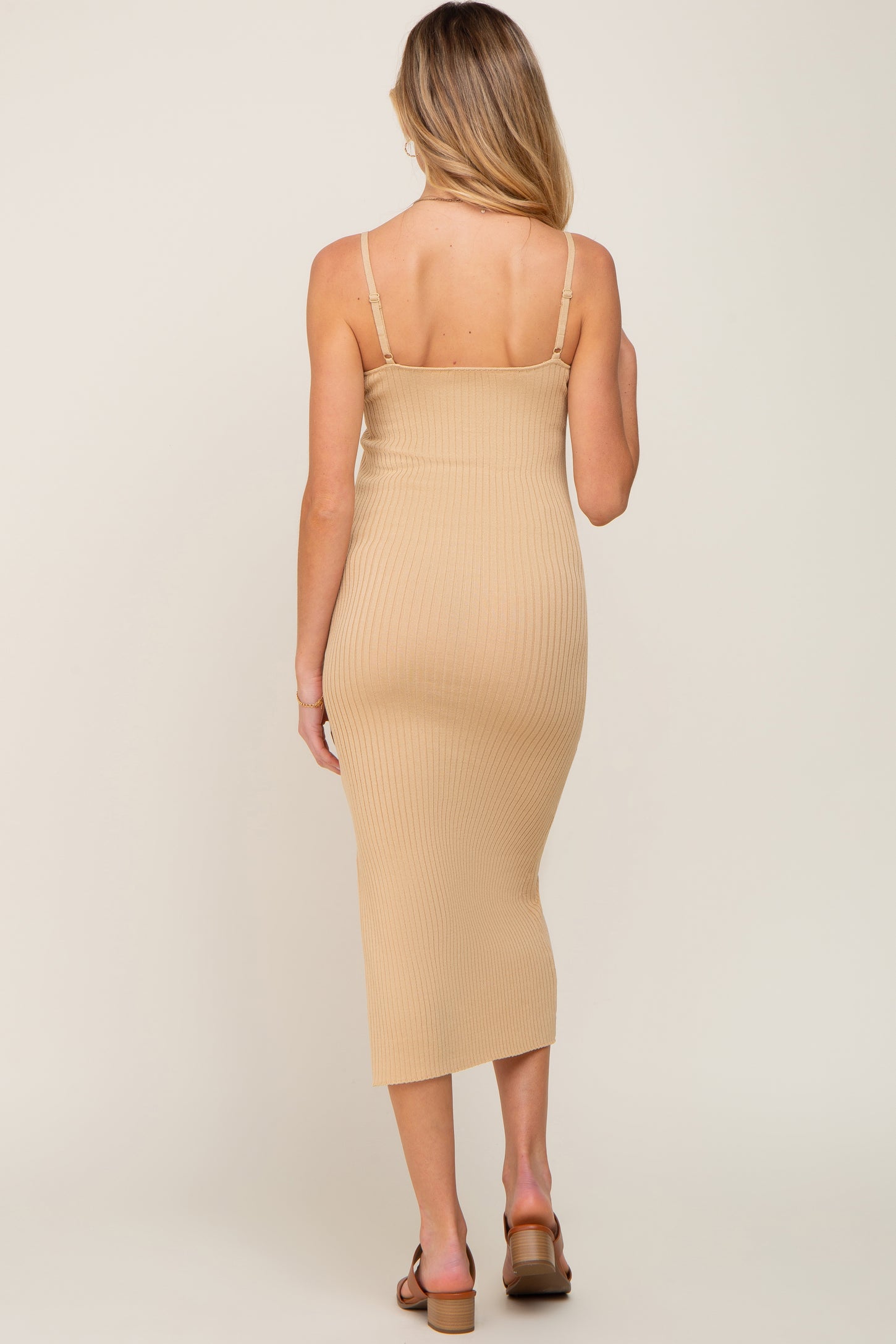 Beige Ribbed Knit Side Slit Maternity Midi Dress
