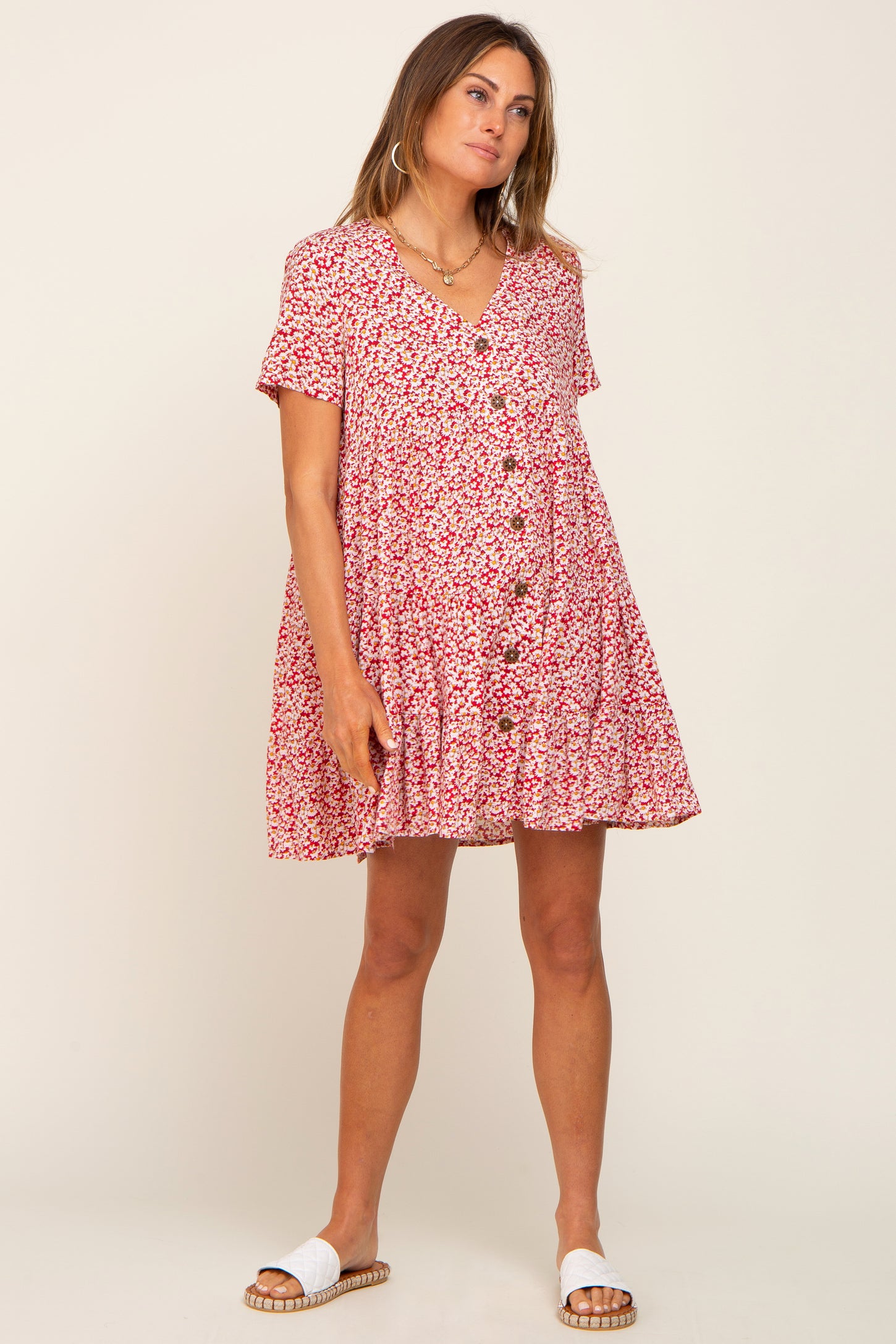 Red Floral Button Down Tiered Dress